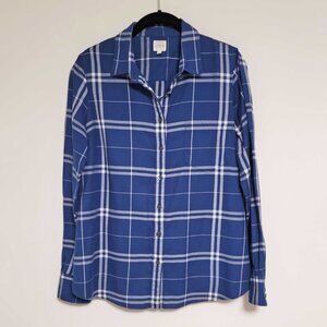 J Crew The Perfect Shirt Cotton Flannel Button Navy Blue Plaid Blouse - M